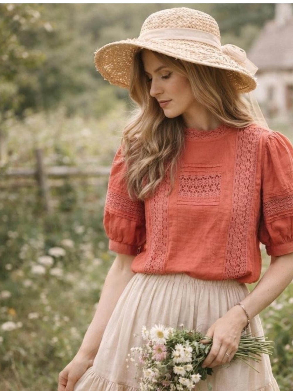 Universal Thread terracotta lace crochet blouse